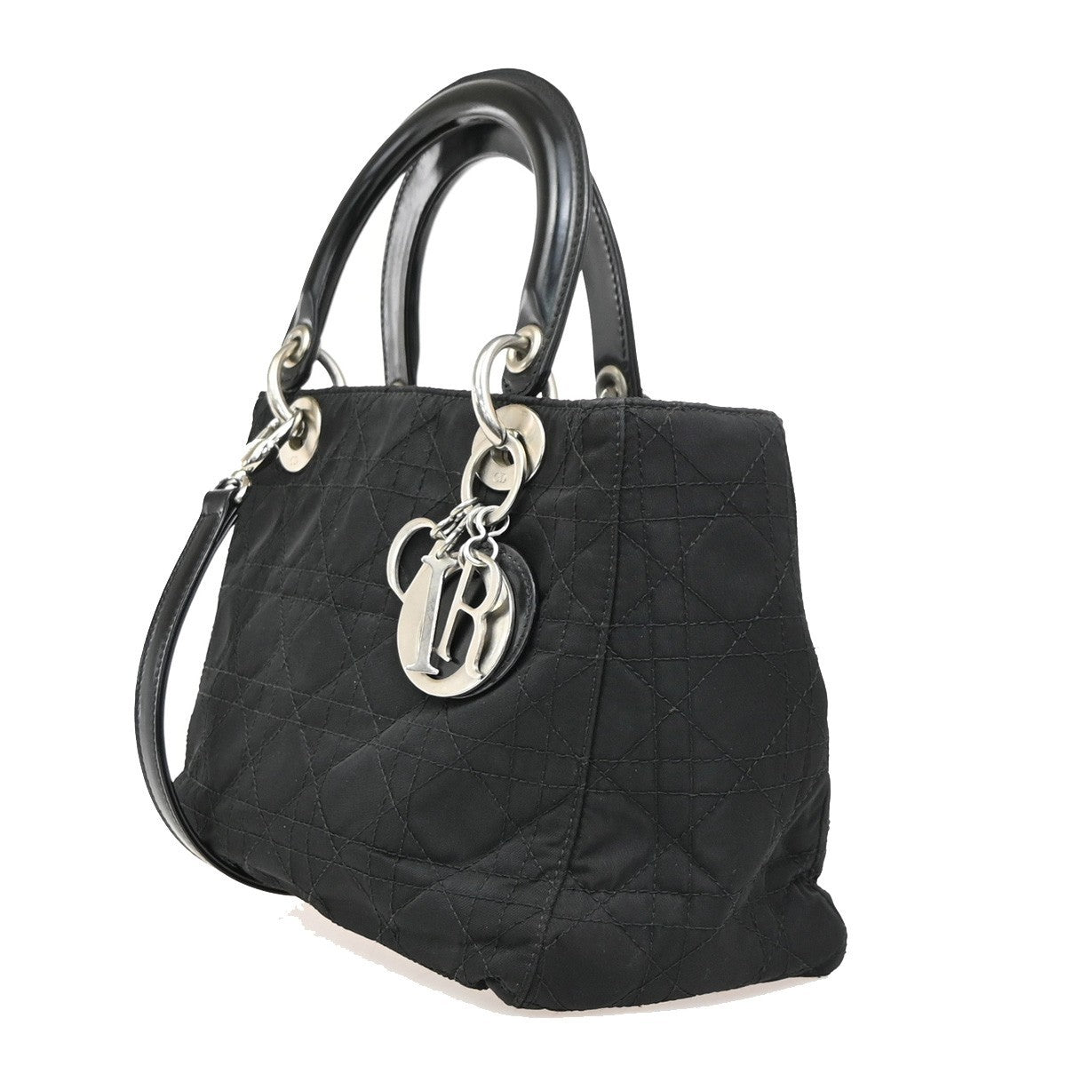 CHRISTIAN DIOR Logo Lady Cannage 2Way Hand Bag Nylon Leather Black SHW 98ZA262