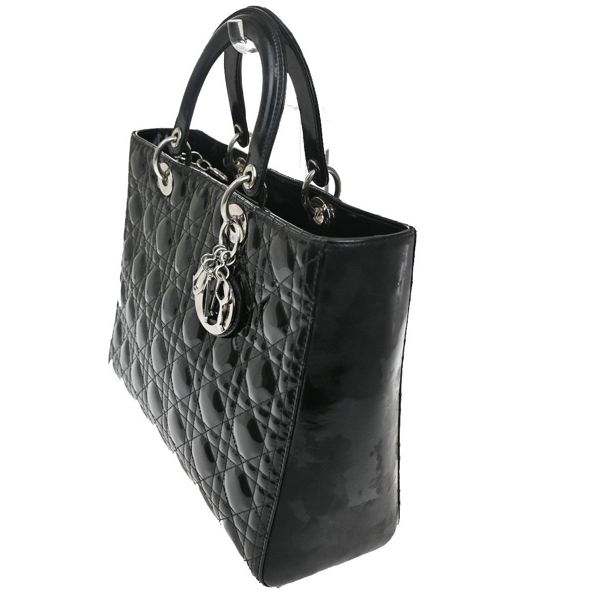 CHRISTIAN DIOR Logo Lady Cannage Hand Bag Patent Leather Black SHW 21TA215