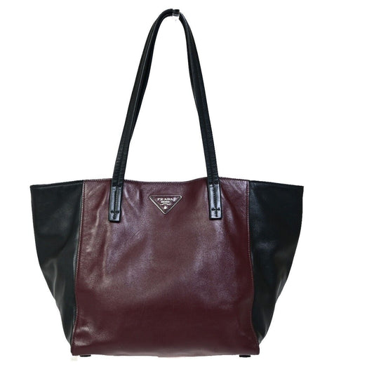 PRADA MILANO Logo Bicolor Shoulder Tote Bag Leather Black Bordeaux SHW 12HB963