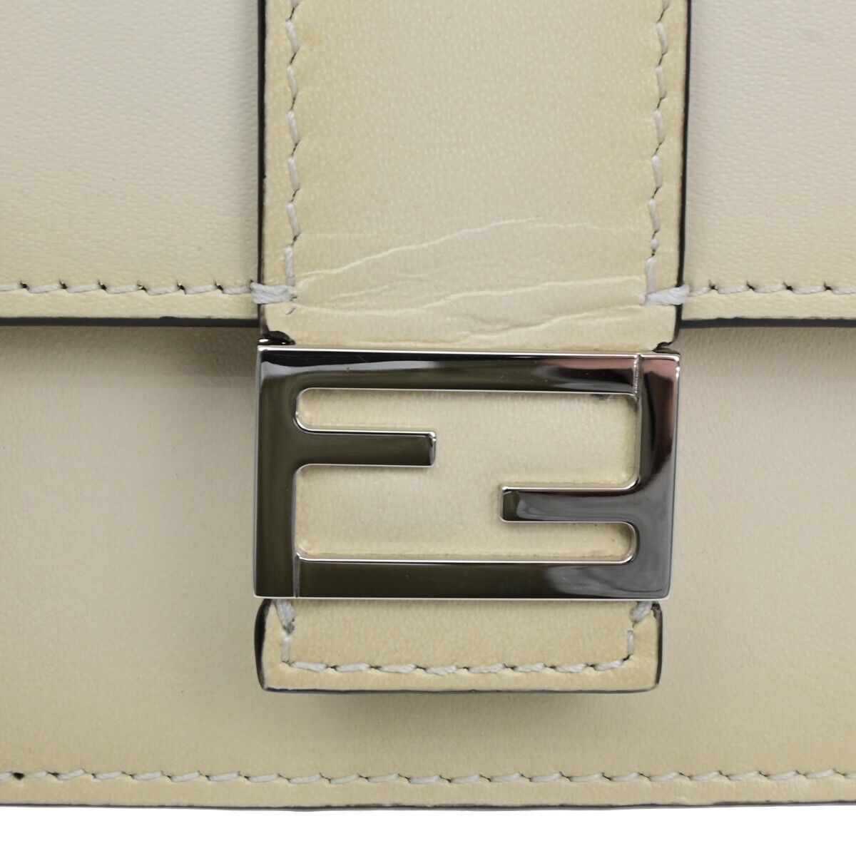 FENDI Logo Mini Flat Baguette Shoulder Bag Wallet Leather White 7M0311 89ED465