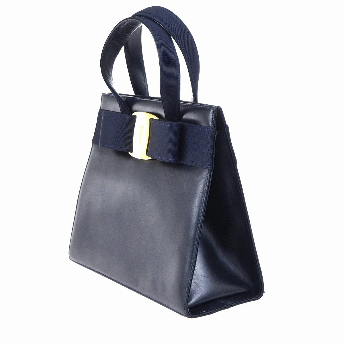 SALVATORE FERRAGAMO Vara 2Way Shoulder Hand Bag Canvas Leather Navy Blue 80YH965