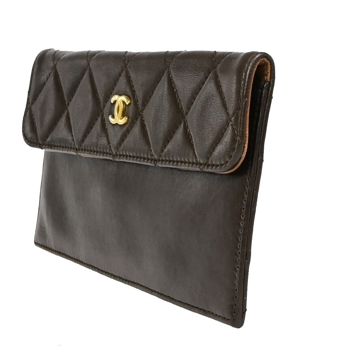 CHANEL CC Logo Matelasse Mini Pouch Wallet Coin Case Leather Brown Gold 62EB312