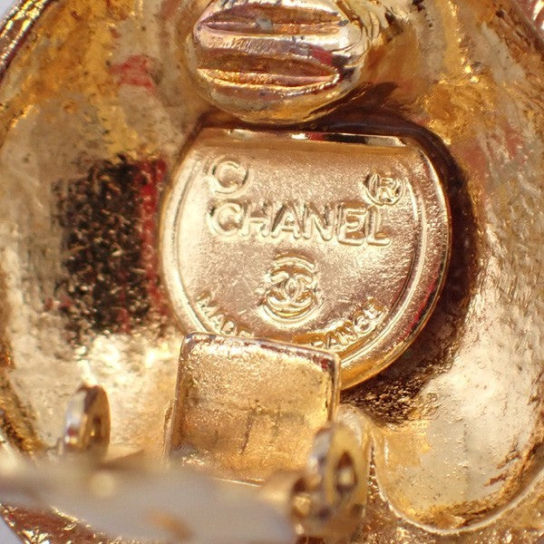 CHANEL Logo Rhinestones Earrings Clip-on Gold France Vintage 36RL872