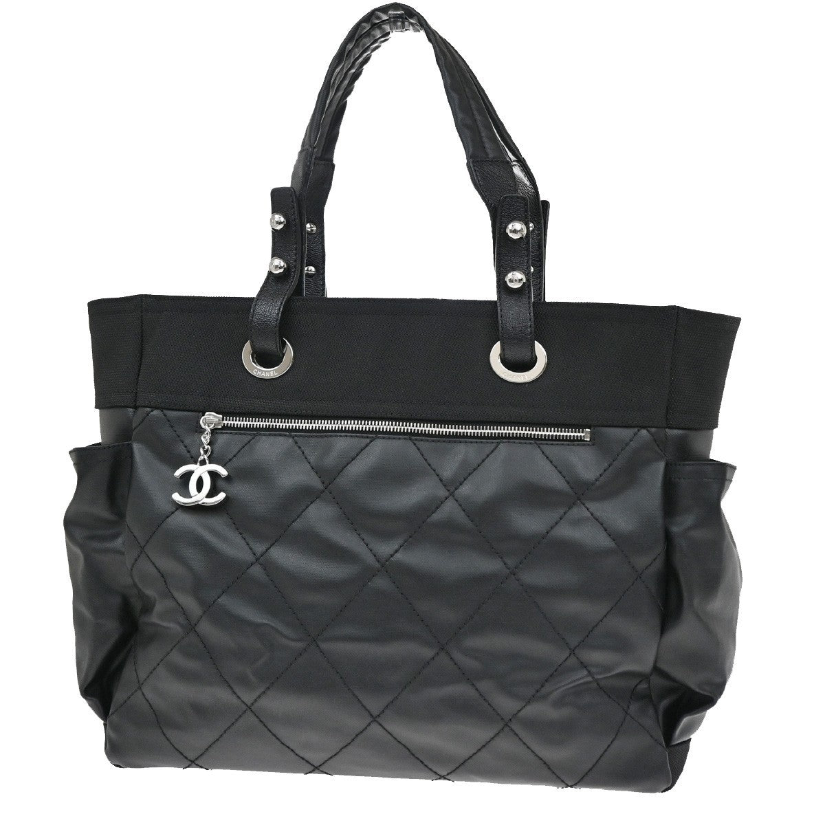 CHANEL CC Paris Biarritz GM Shoulder Bag Coating Canvas Leather BK SHW 689RL482