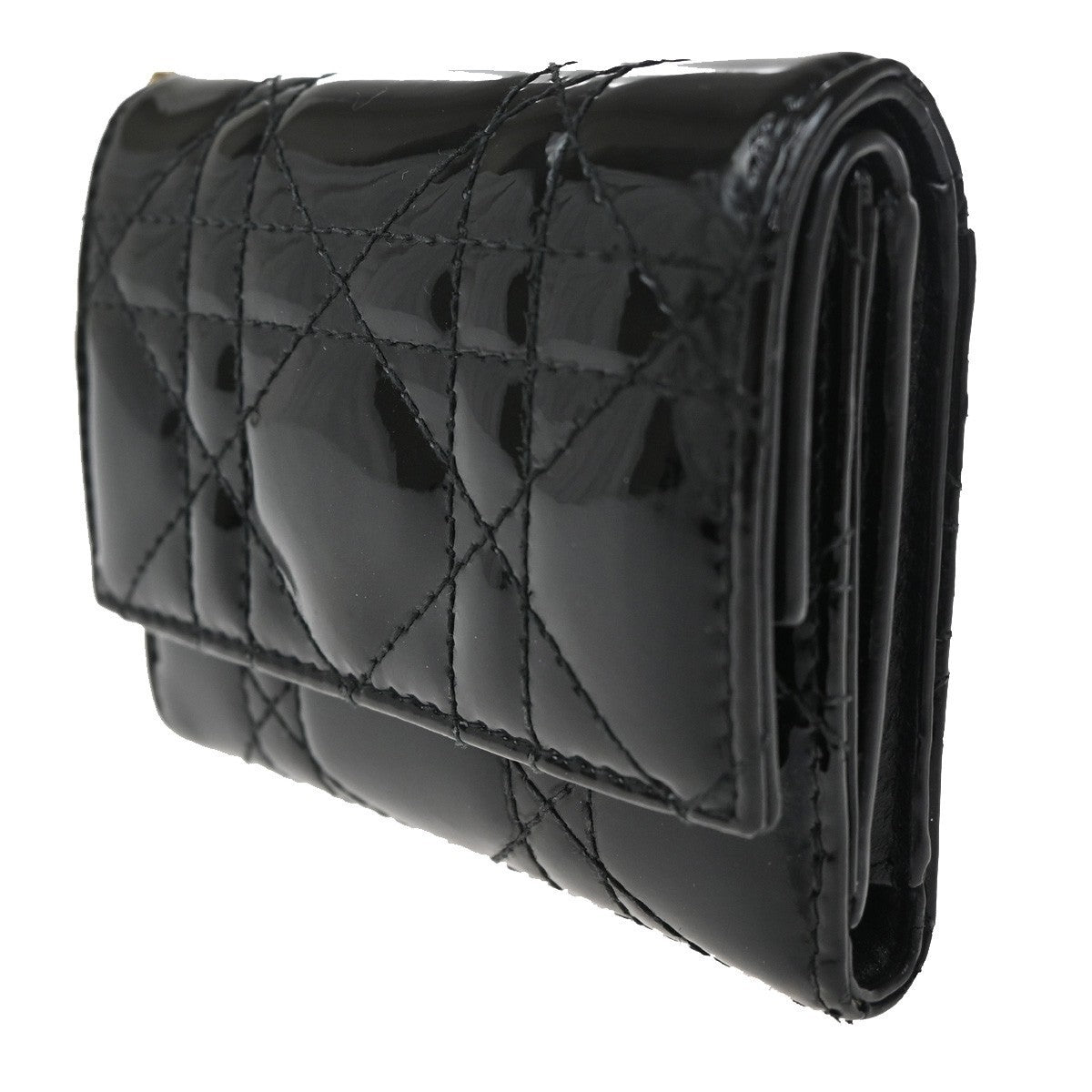 CHRISTIAN DIOR Cannage Trifold Compact Wallet Patent Leather Black GHW 35TA317