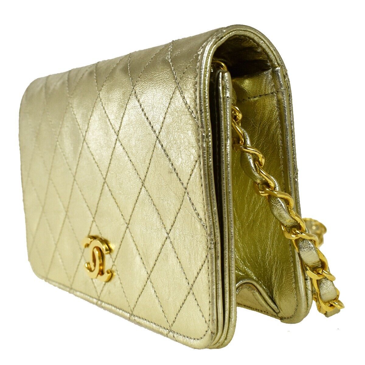 CHANEL CC Logo Mini Matelasse Full Flap Chain Shoulder Bag Leather Gold 652RC501