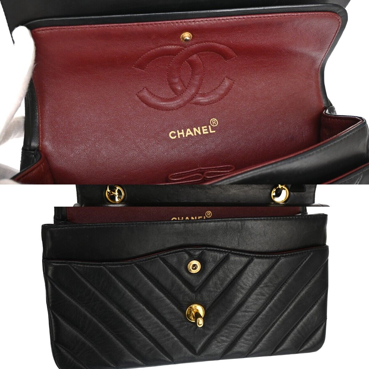 CHANEL CC Chevron Double Flap Chain Shoulder Bag Leather Black GHW VTG 153RJ052