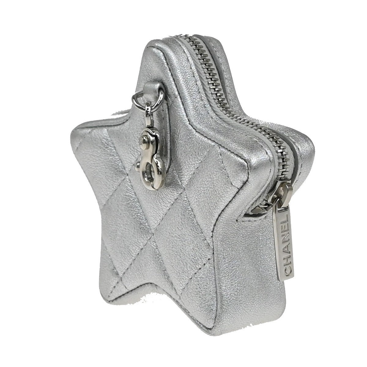 CHANEL CC Logo Matelasse Star Mini Charm Wallet Coin Case Leather Silver 82RF868