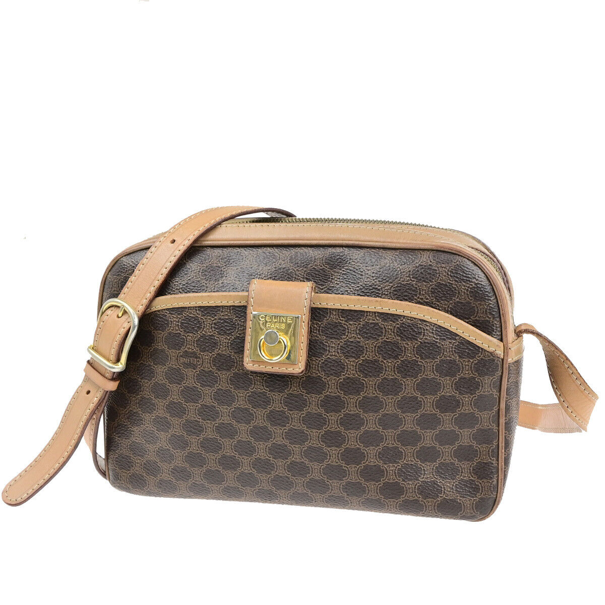 CELINE Logo Macadam Pattern Shoulder Bag PVC Leather Brown GHW Italy 35YG591
