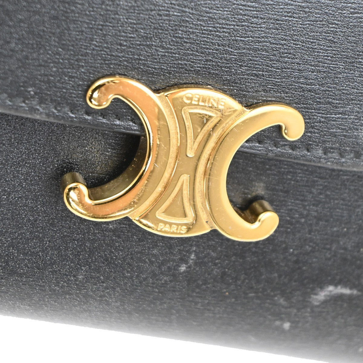 CELINE Triomphe Small Trifold Wallet Purse Leather Black GHW 31TA346