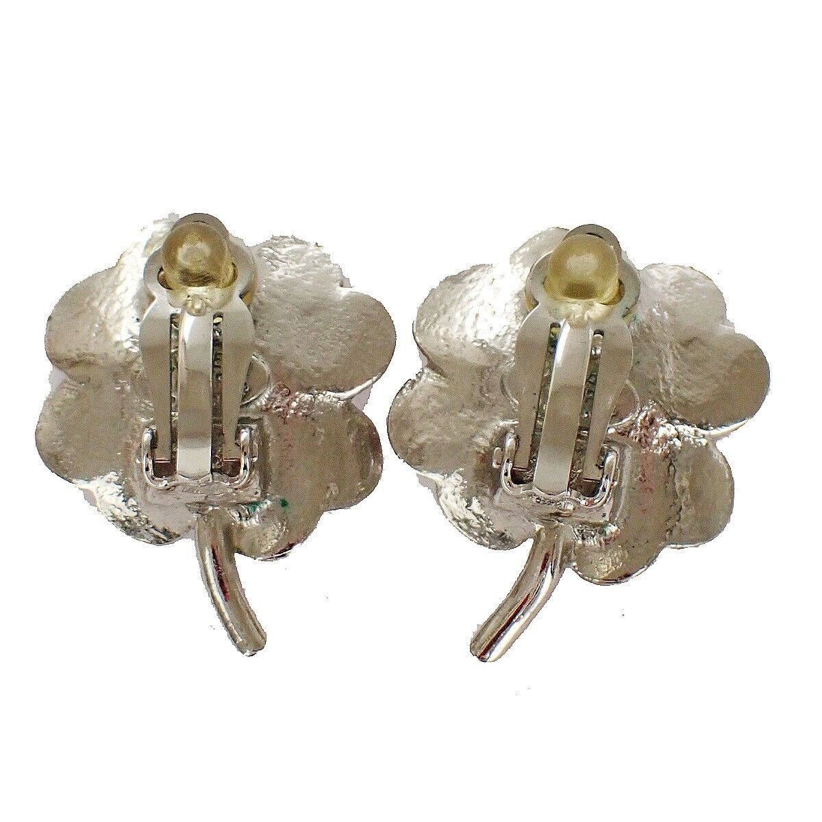 CHANEL 2 Set Earrings Brooch Rhinestone Camellia Clover 04P Clip-On SHW 16LC298