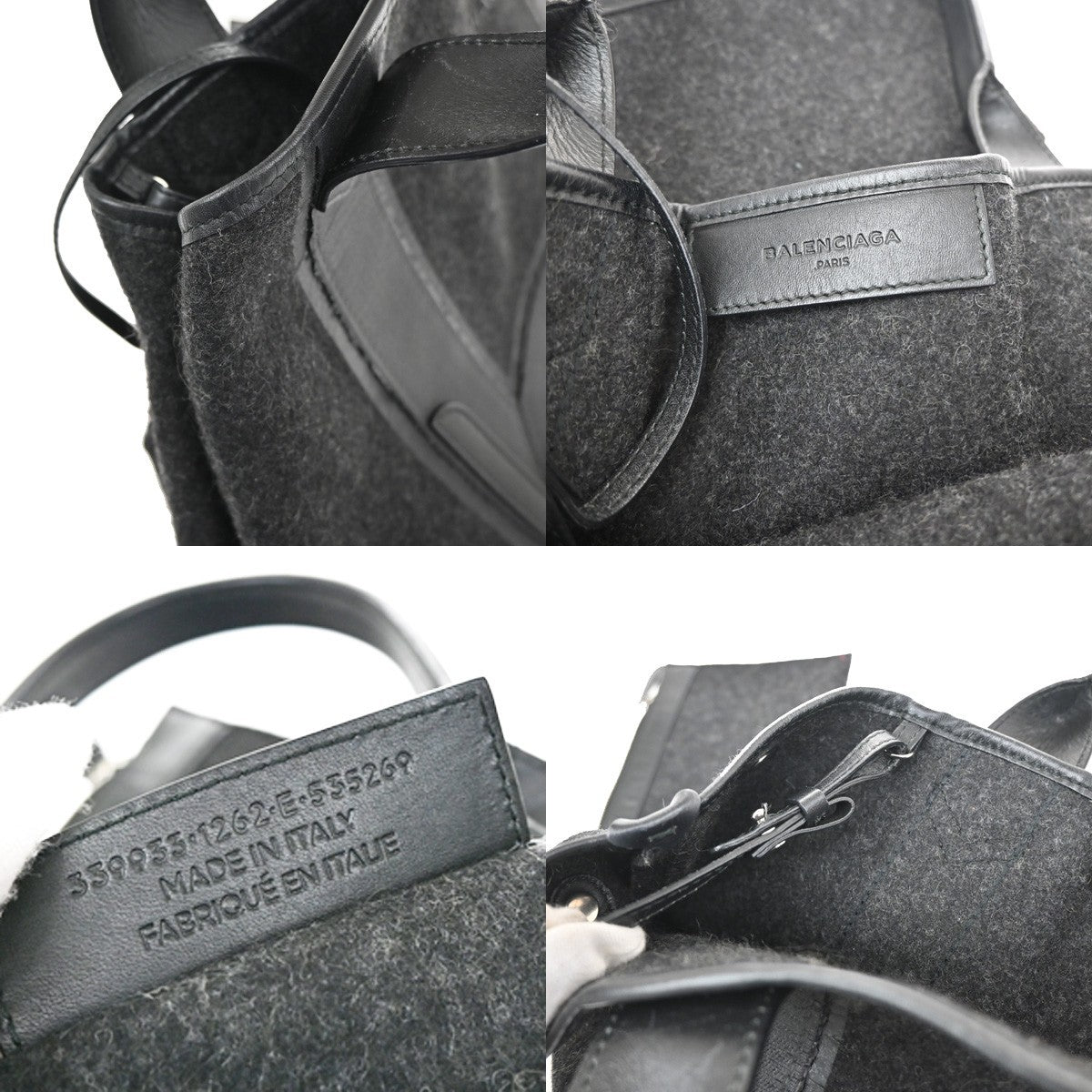 BALENCIAGA Logo Navy Cabas S Hand Bag Wool Felt Fabric Leather Black 30YH822