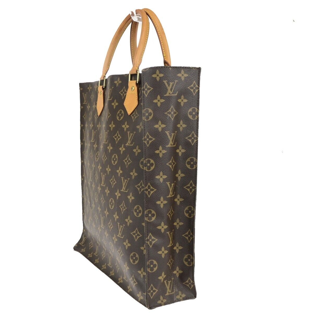 LOUIS VUITTON Logo Sac Plat Hand Tote Bag Monogram Leather Brown M51140 62ED401