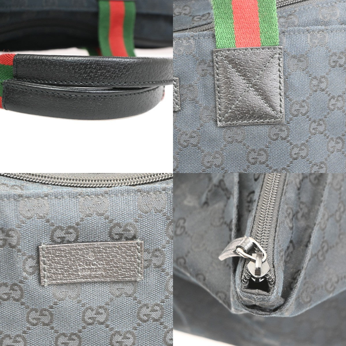 GUCCI web stripe Sherry Line Shoulder Tote Bag Leather Canvas Black SHW 77TA688