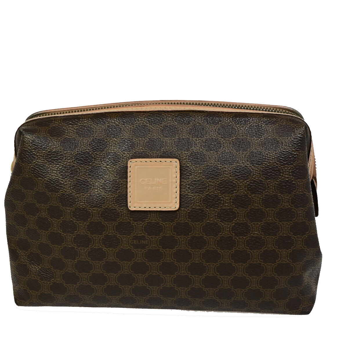 CELINE Logo Macadam Pattern Pouch Hand Bag PVC Leather Brown GHW 04SJ099