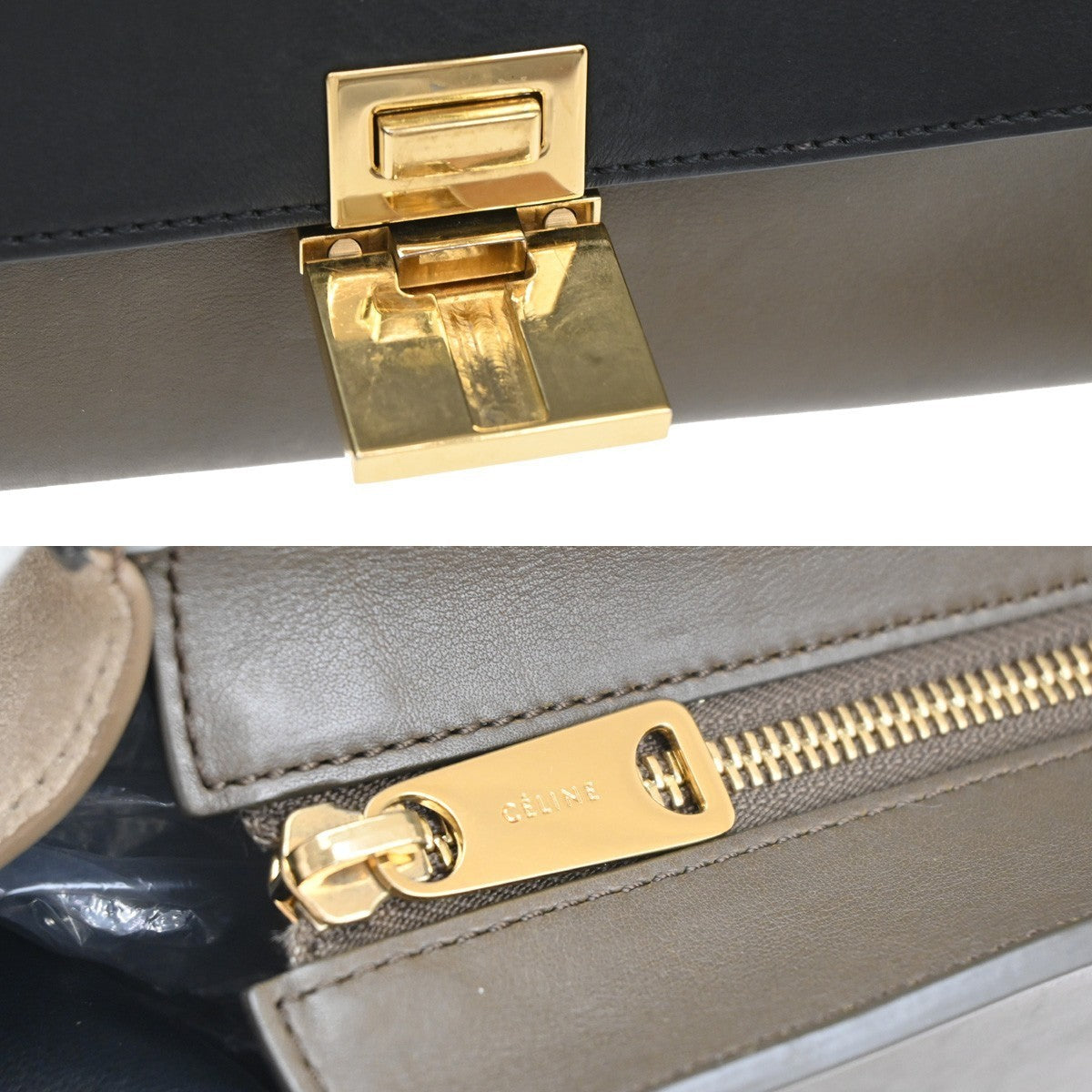 CELINE Trapeze Tricolor 2way Shoulder Hand Bag Leather Suede Khaki Beige 70KB559