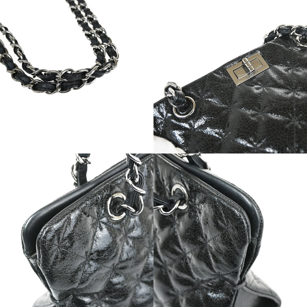 CHANEL Logo 2.55 Chain Shoulder Bag Patent Leather Black SHW 691RJ755