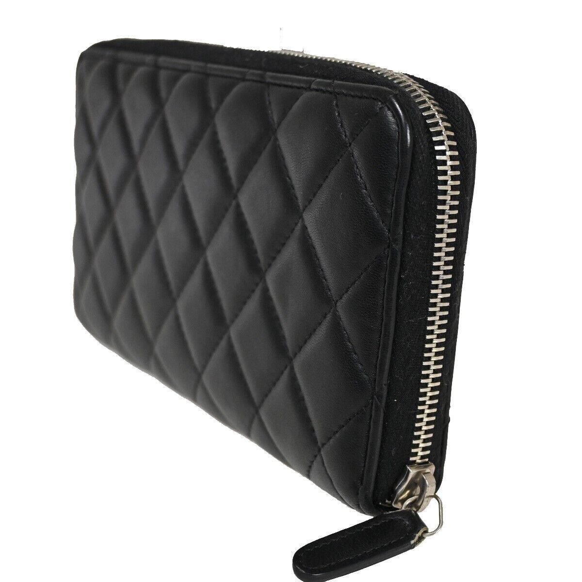 CHANEL CC Logo Zip Around Wallet Purse Matelasse Leather Black Silver 16HB878