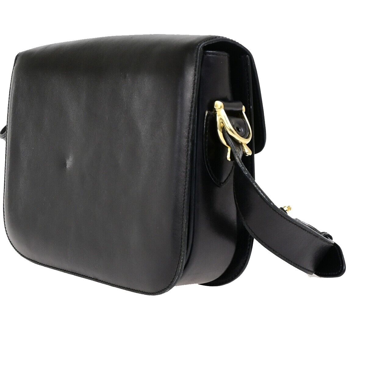CELINE Logo Horse Carriage Shoulder Bag Leather Black GHW Italy 87EC982