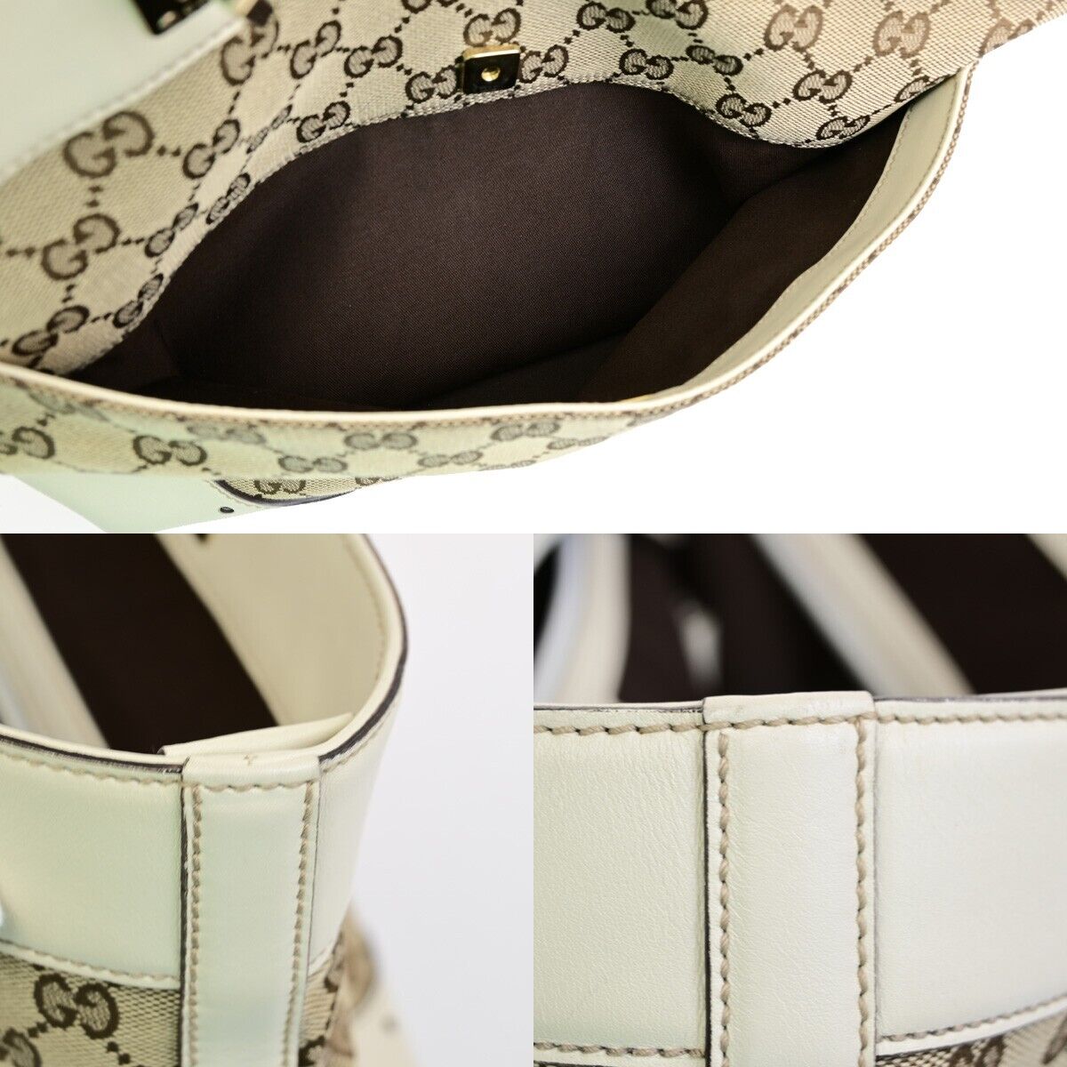 GUCCI Logo GG Pattern Shoulder Bag Canvas Leather Brown White GHW 76EE101