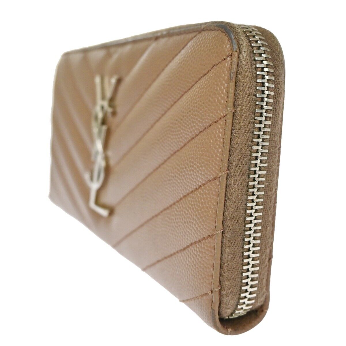 SAINT LAURENT YSL Logo Bifold Zipper Wallet Purse Leather Brown Italy 64EA259