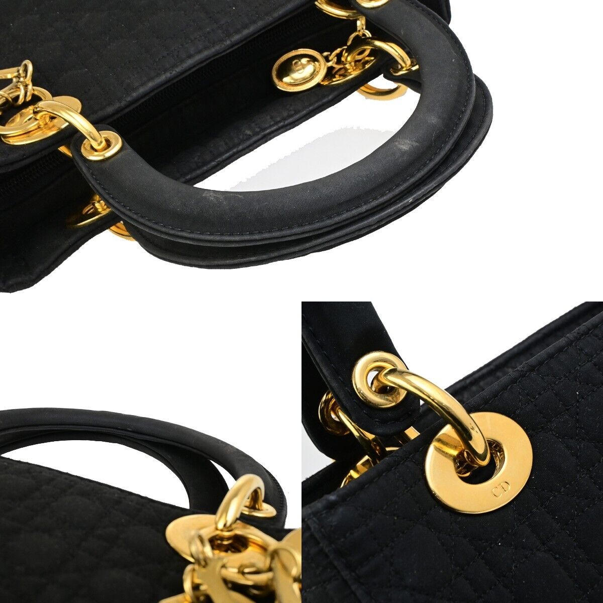 CHRISTIAN DIOR Logo Lady Cannage Hand Bag Canvas Leather Black GHW Italy 73ED175