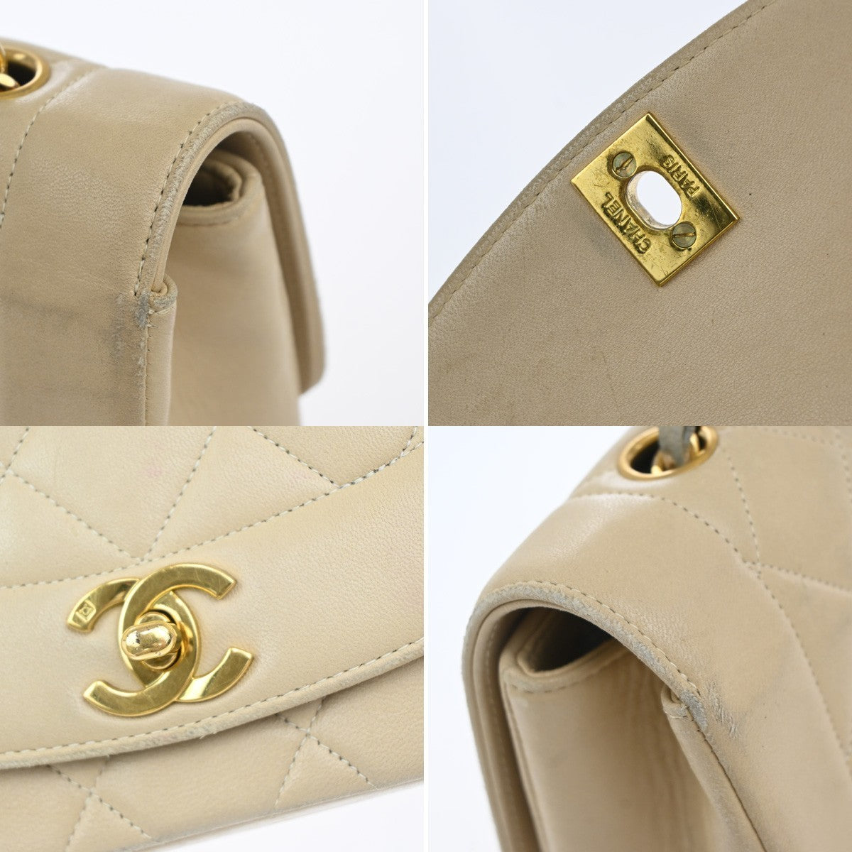 CHANEL CC Diana Matelasse 22 Chain Shoulder Bag Leather Beige Vintage 397RF995