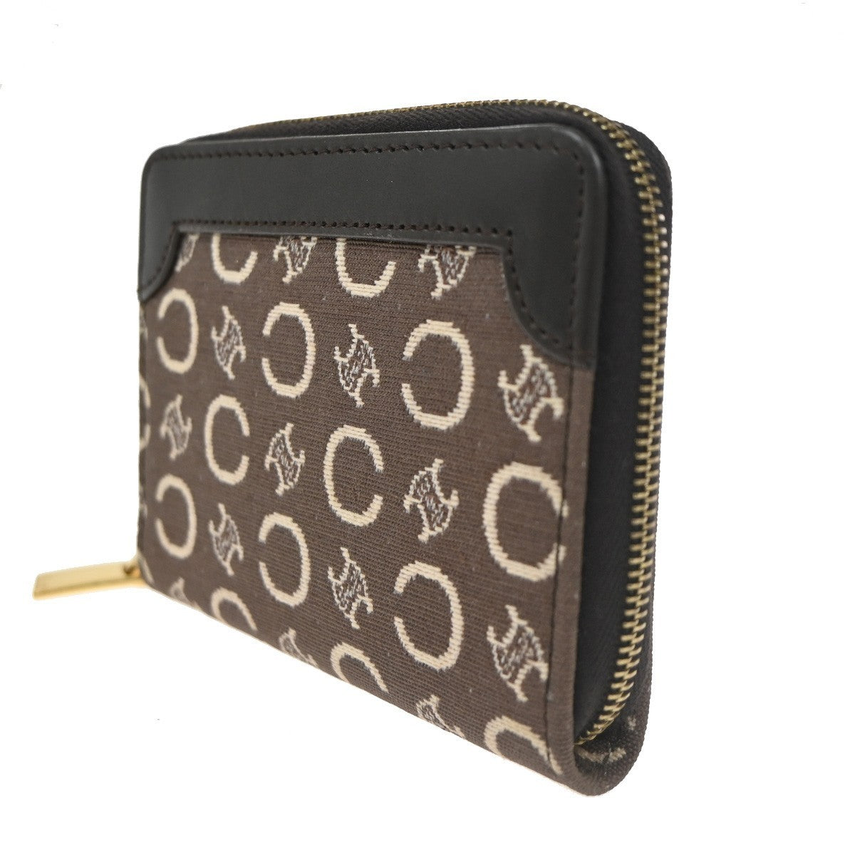 CELINE Logo Macadam Pattern Mini Zipper Wallet Canvas Leather Brown GHW 68TA454