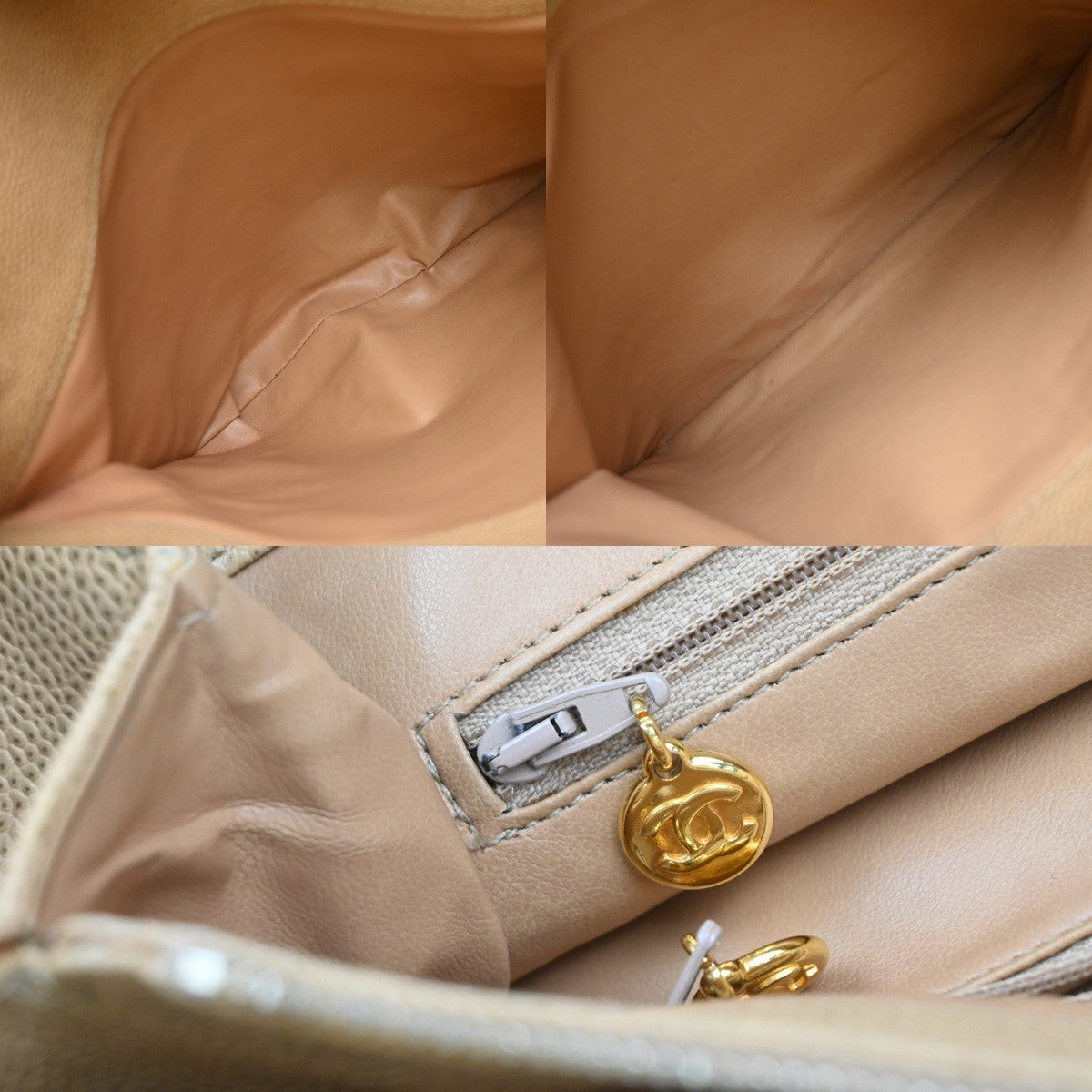 CHANEL CC Logo Chain Shoulder Bag Grained Calfskin Leather Beige Italy 680RP055