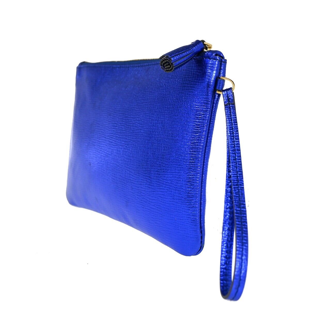 ANYA HINDMARCH Logo Smiley Wink Fringe Mini Clutch Hand Bag Leather Blue 02HB219