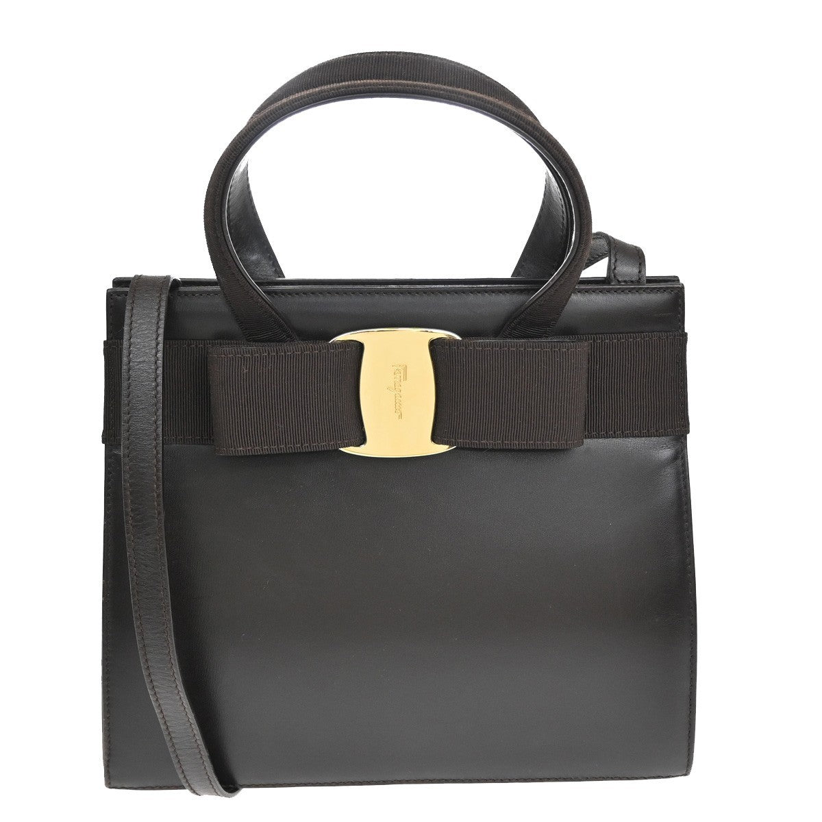 SALVATORE FERRAGAMO Vara Hand Bag Canvas Leather Brown GHW Italy 36EF388