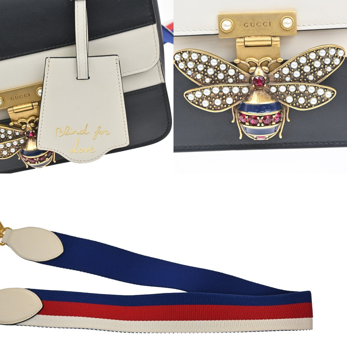 GUCCI Bee Queen Margaret Logo Shoulder Bag Leather Black White GHW Italy 20RL719