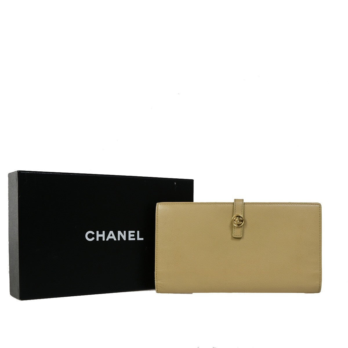 CHANEL CC Logo Long Bifold Wallet Purse Leather Beige GHW Italy 39RF190