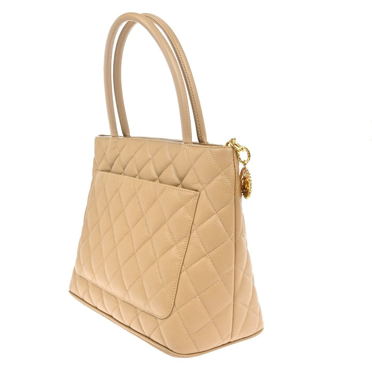 CHANEL Medallion Matelasse Shoulder Bag Grained Calfskin Leather Beige 307RP029