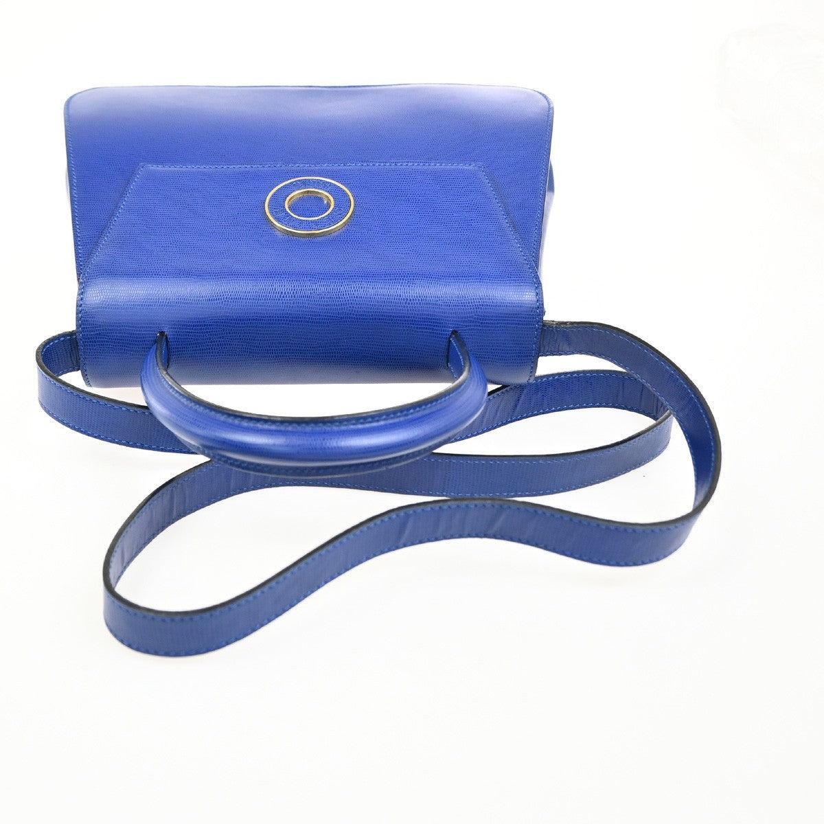 CELINE Circle Logo Shoulder Hand Bag Embossing Leather Blue GHW Italy 70RQ044