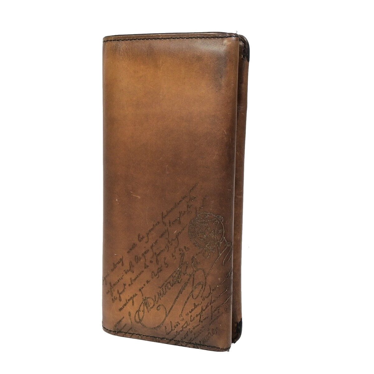 BERLUTI Calligraphy Bifold Long Wallet Purse Leather Brown Italy 84HC102