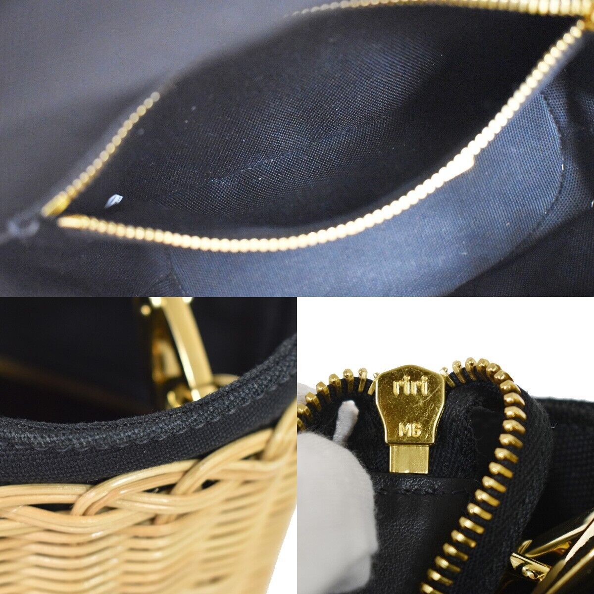 PRADA Logo Midollino Wicker 2Way Shoulder Hand Bag Canvas Leather Black 631RH131
