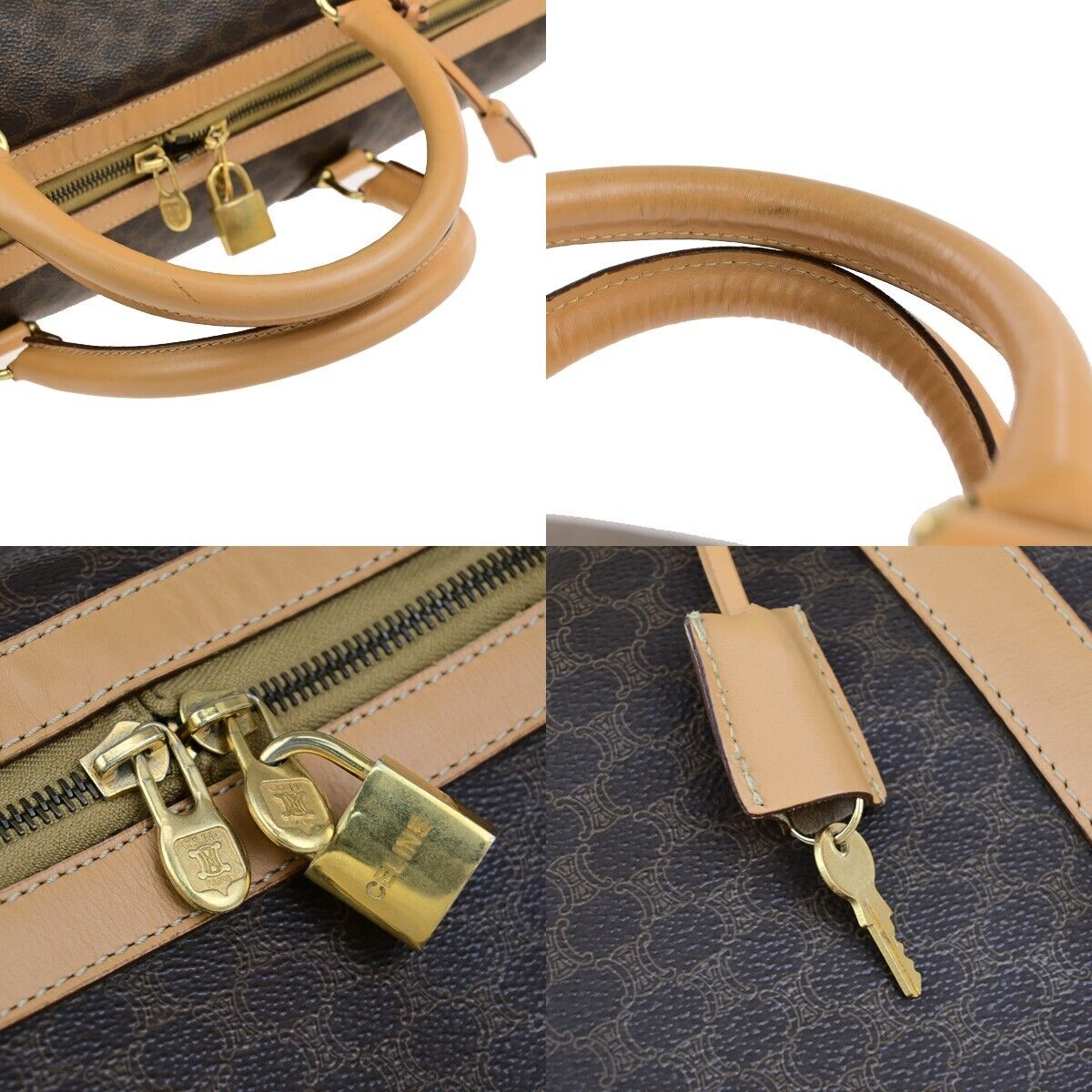CELINE Logo Macadam Pattern Travel Hand Bag PVC Leather Brown GHW 65ED371