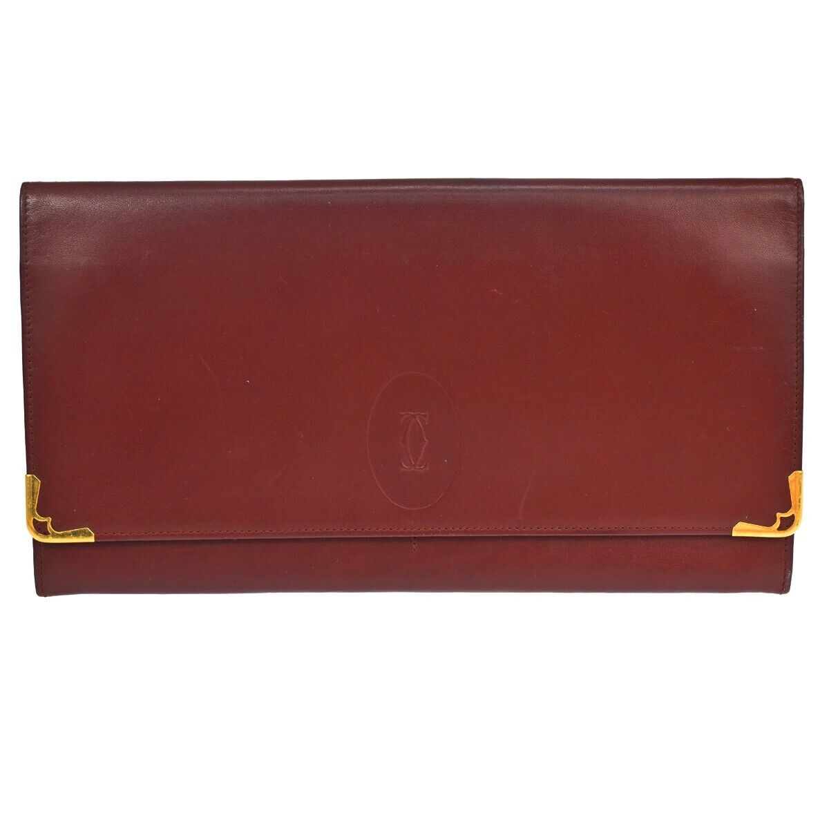 MUST DE CARTIER 2C Logo Wallet Clutch Hand Bag Leather Bordeaux Gold 09EA094