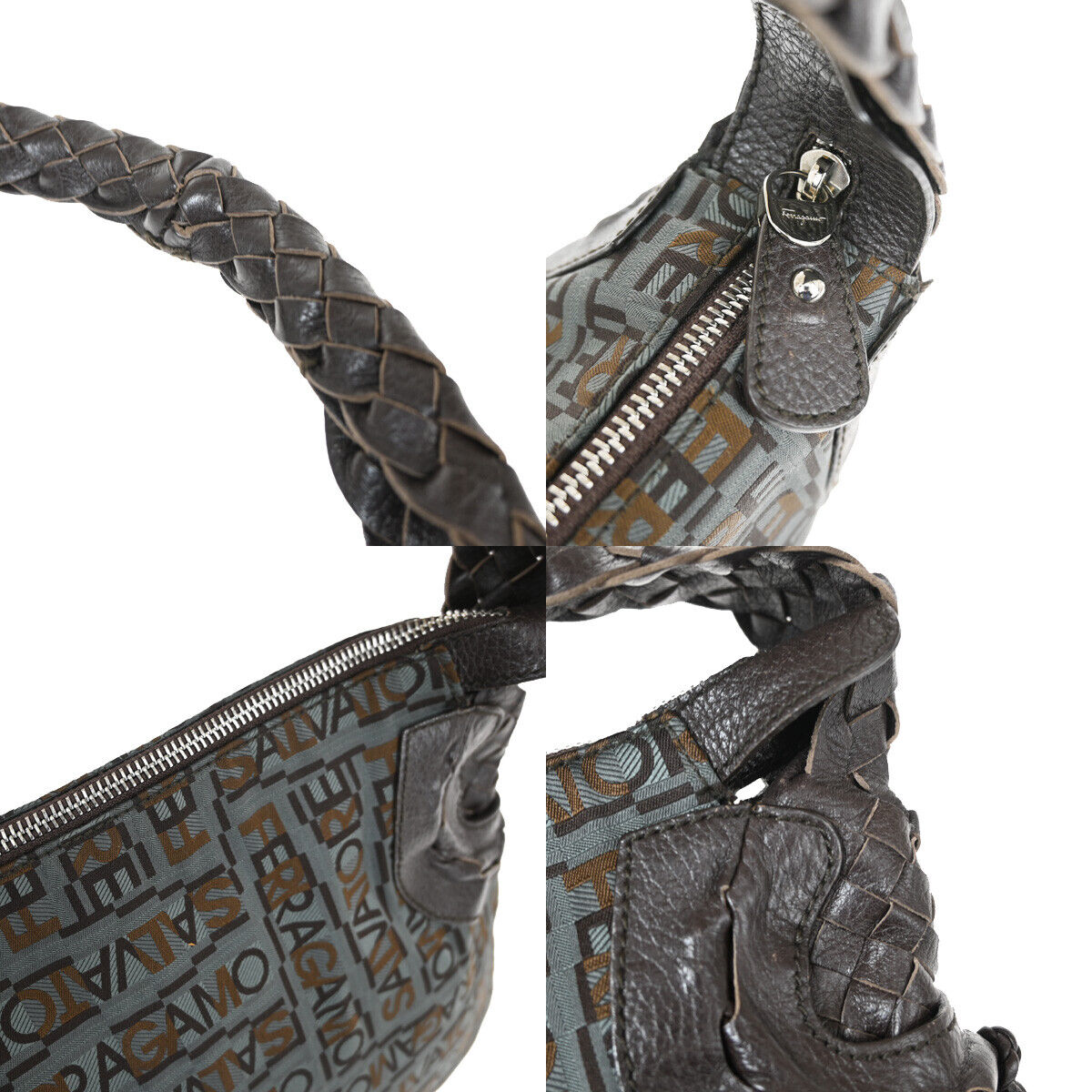 SALVATORE FERRAGAMO Gancini Shoulder Bag Canvas Leather Brown SHW Italy 04KA170