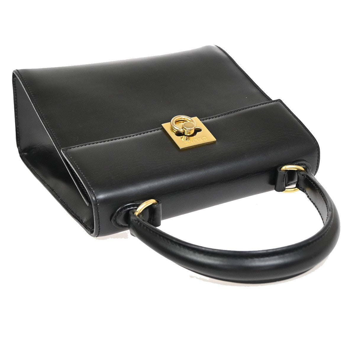 CELINE Logo Top Handle Hand Bag Leather Black GHW Italy 76EG223