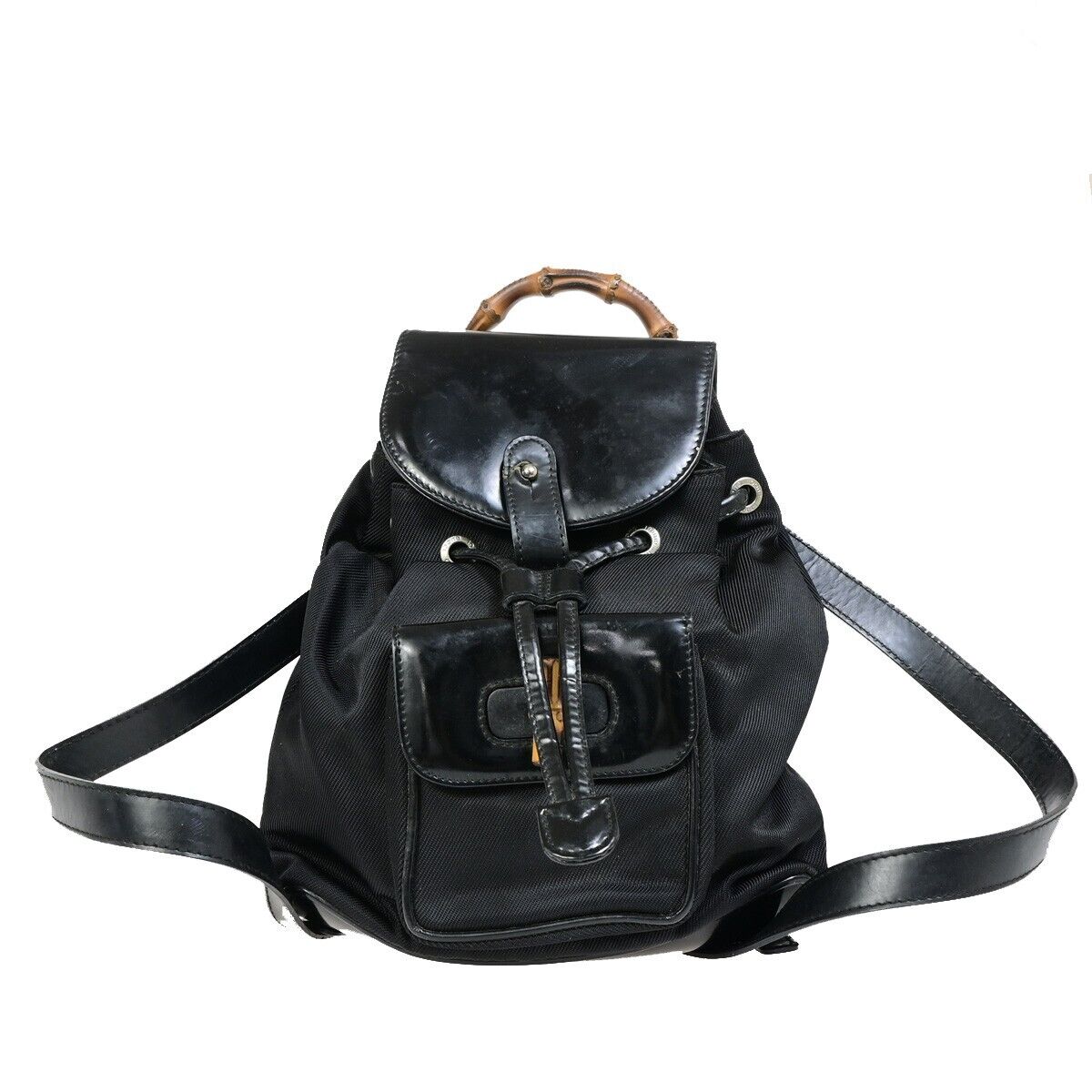GUCCI Logo Bamboo Backpack Bag Leather Nylon Black Italy 68EB288
