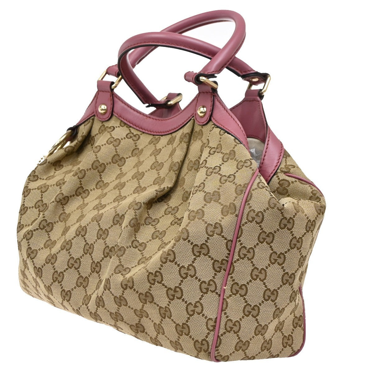 GUCCI GG Pattern Sukey Shoulder Bag Charm Canvas Leather Beige Pink GHW 82DA256