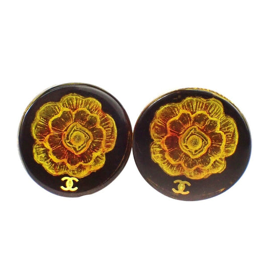 CHANEL CC Logo Camellia Button Earrings 98A Clip-On Plastic GHW Vintage 39RH869