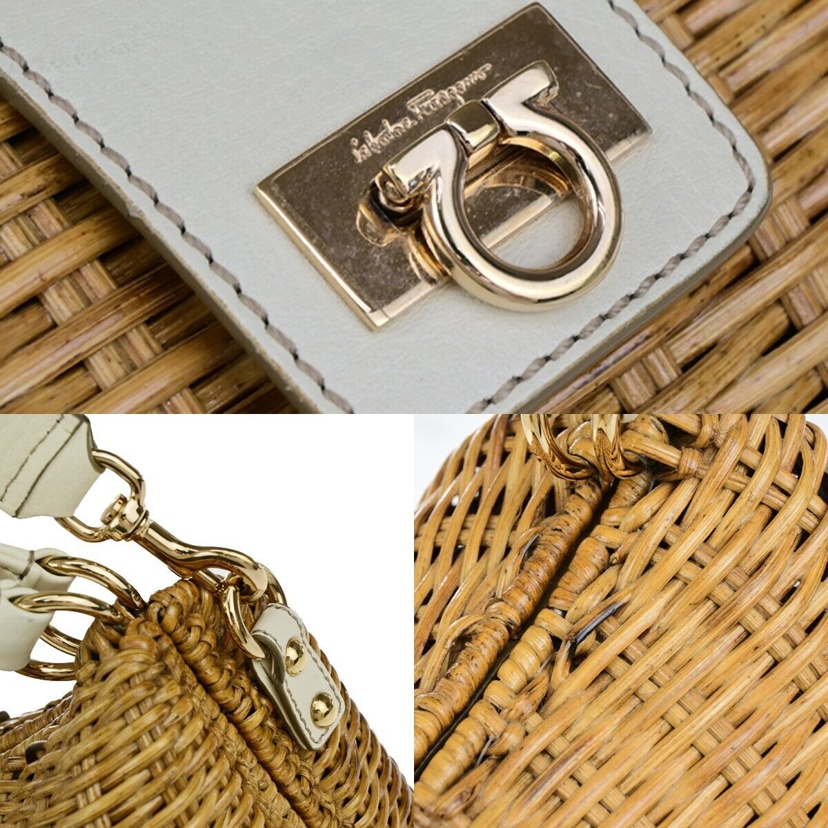 SALVATORE FERRAGAMO Basket Gancini 2Way Shoulder Bag Straw Leather BN WE 88EC604