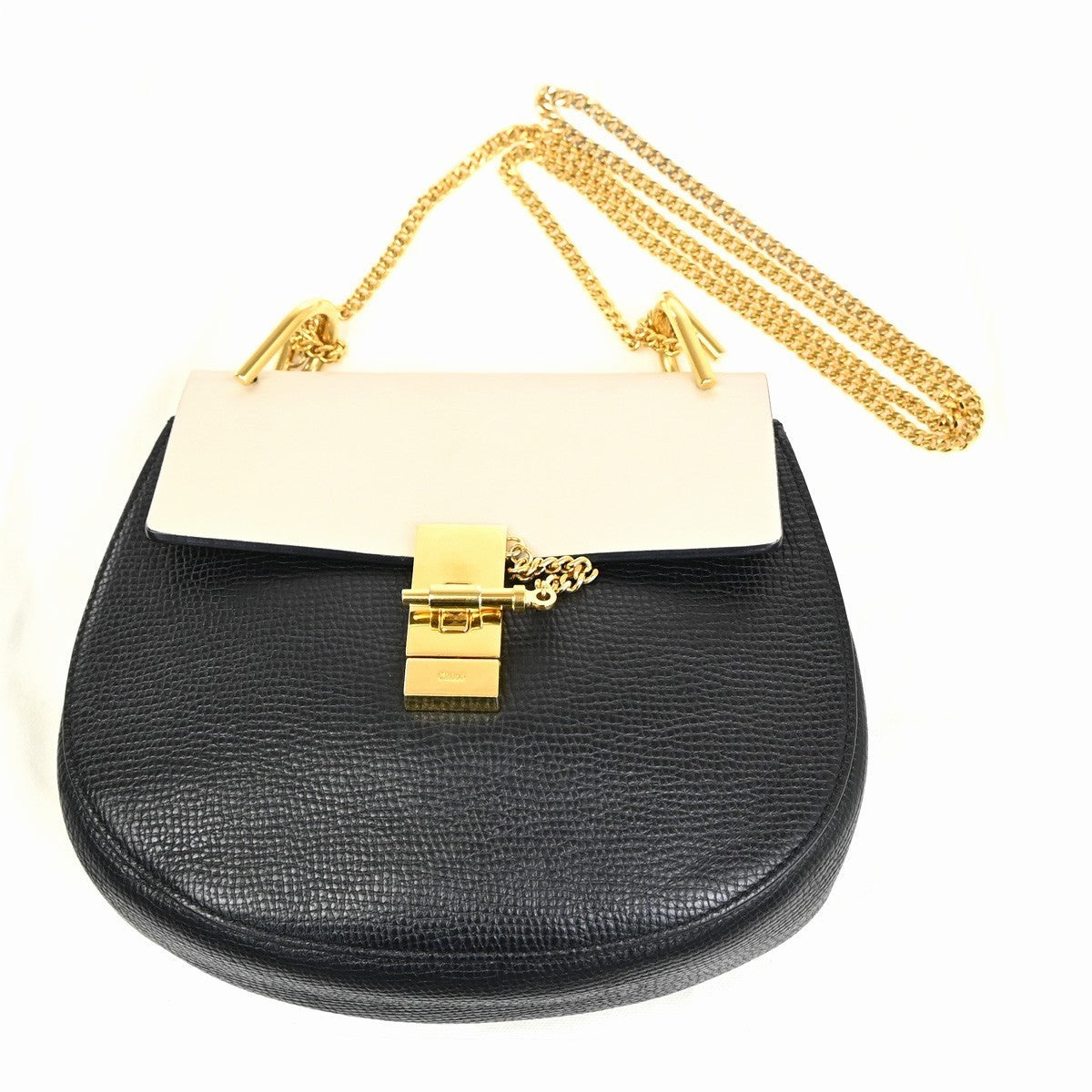 CHLOE Logo Drew Chain Shoulder Bag Embossing Leather Bicolor BK WE Italy 35MA393