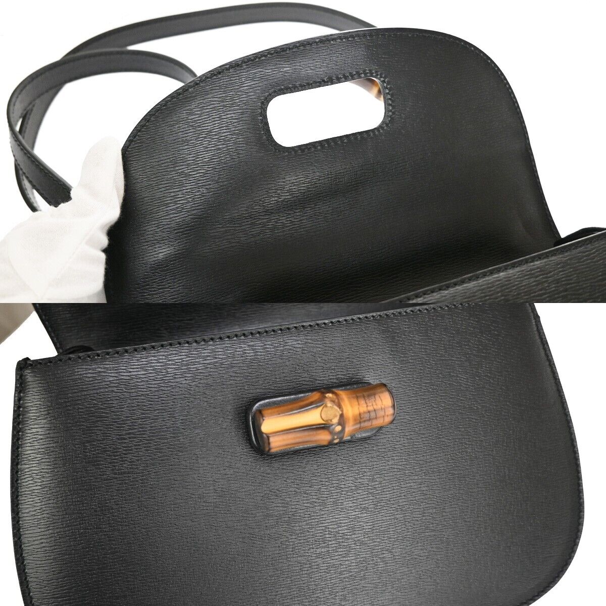 GUCCI Logo Bamboo 2Way Shoulder Hand Bag Leather Black Silver Italy 629RH724