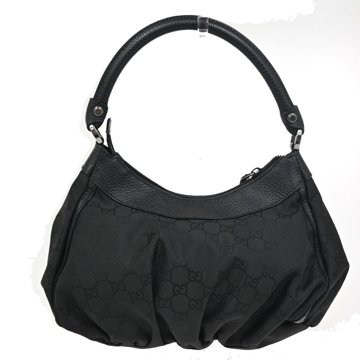 GUCCI Logo Abbey D-Ring GG Pattern Shoulder Bag Canvas Leather Black SHW 12ZA155
