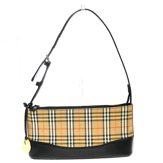 BURBERRY Logo Nova Check Hand Bag Canvas Leather Beige Black GHW 87RQ042