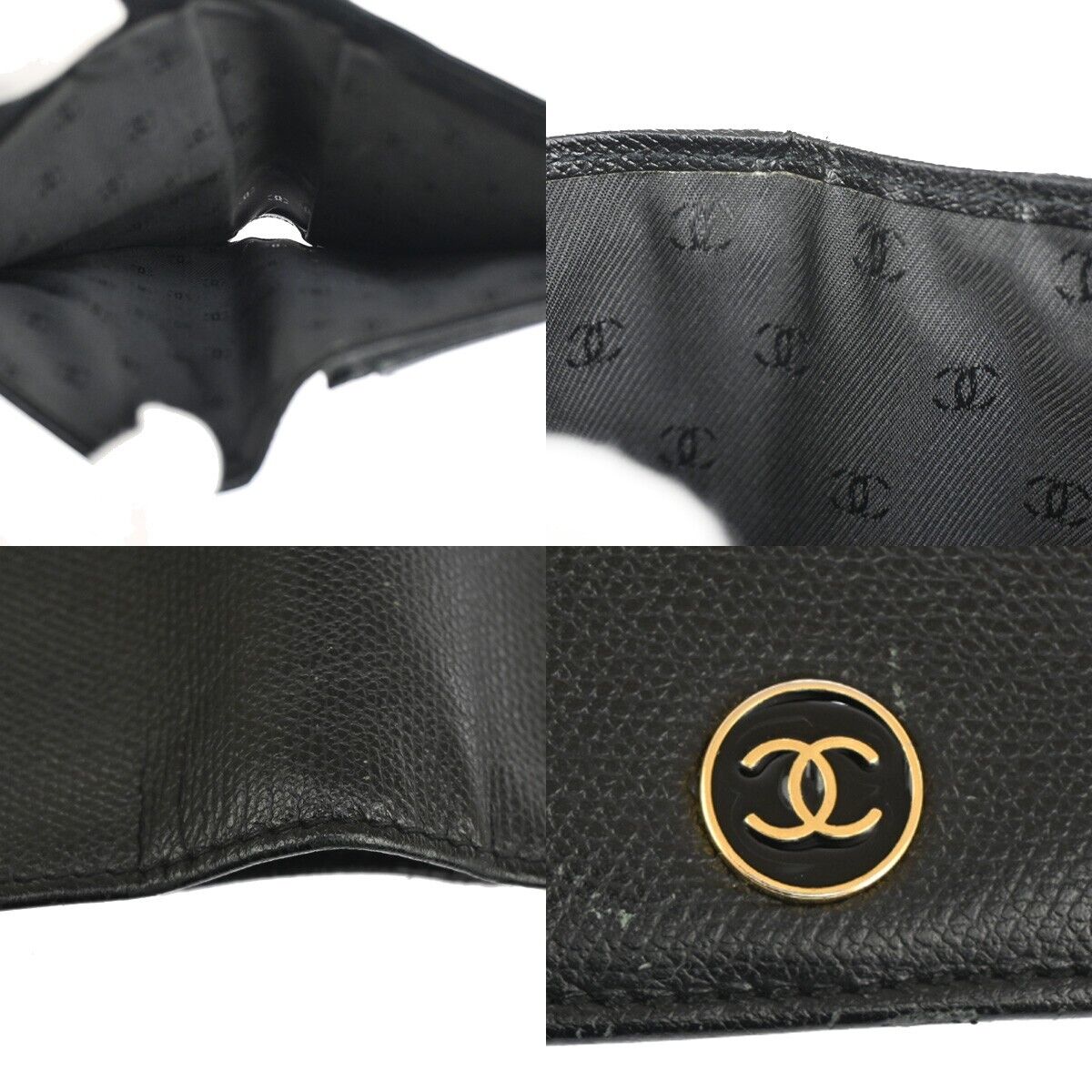 CHANEL CC Logo Long Bifold Wallet Purse Leather Black Gold Italy 66FA381